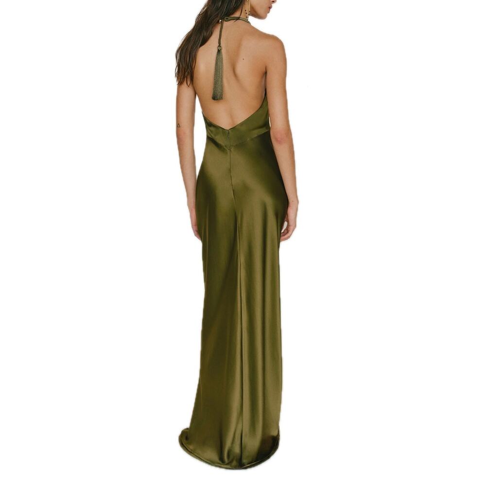 Reformation Olive Green Satin Halter Maxi Dress - Picture 2 of 12